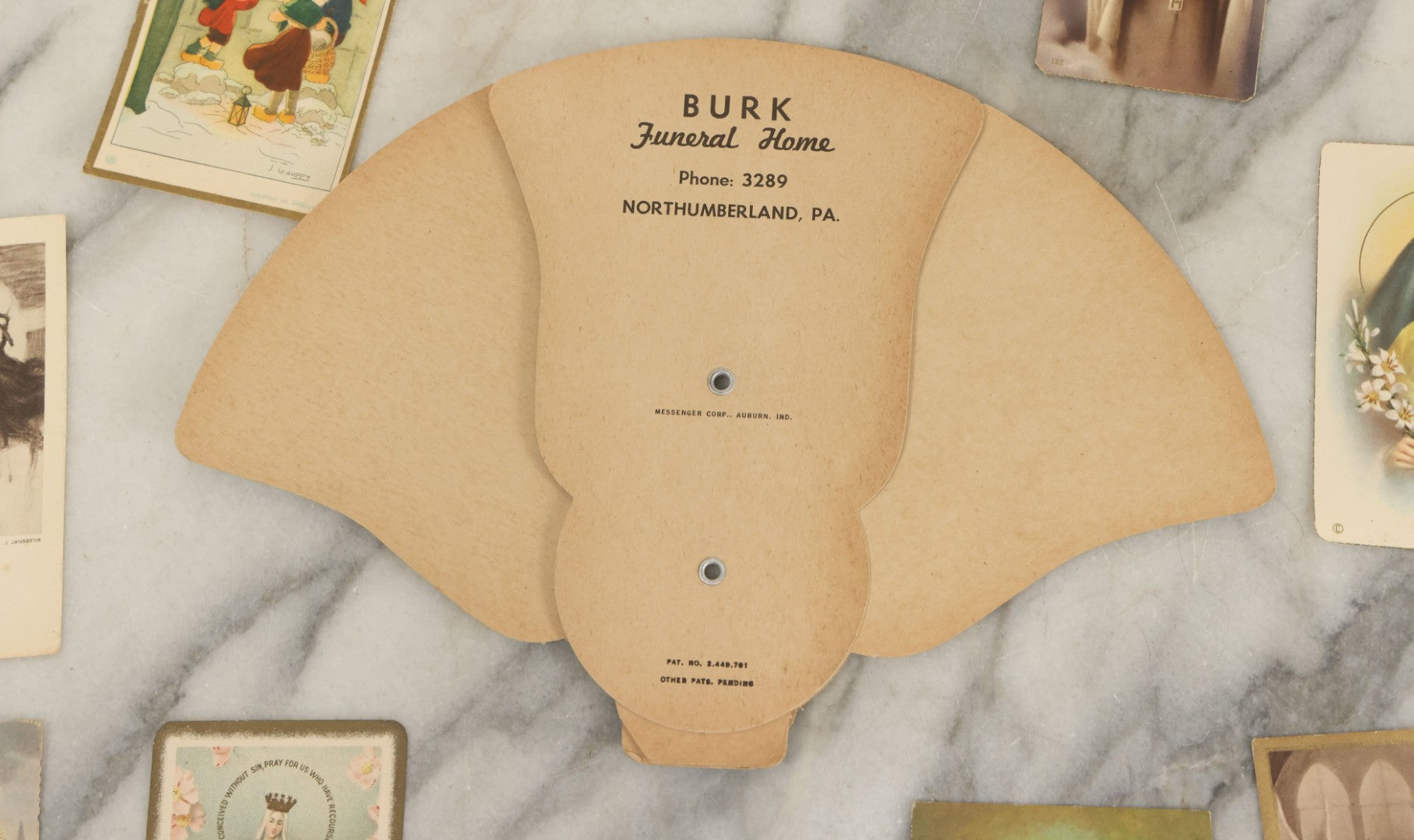 Lot 151 - Grouping Of Twelve Pieces Of Ephemera Including Religious Prayer And Funeral Cards And An Advertising Paper Fan For Burk Funeral Home, Northumberland, Pennsylvania