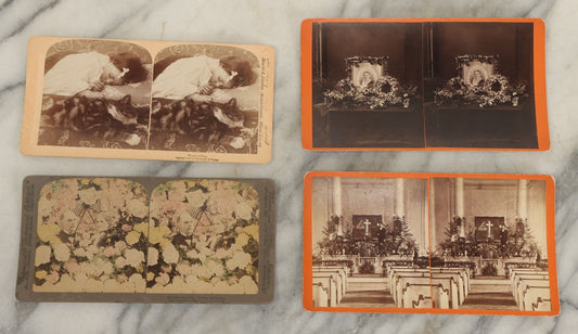 Lot 152 - Grouping Of Four Antique Stereo Cards Including Kitten Tired Of Play, Funeral Flowers, President Mckinley, Etc