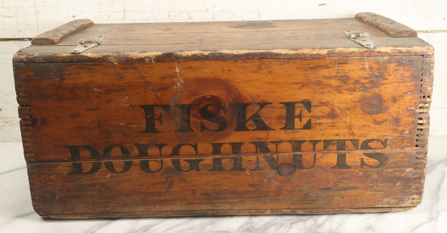 Lot 011 - Vintage Fiske Doughnuts Wooden Advertising Crate With Lift-Top Lid, Debossed Stenciled Lettering On Both Sides
