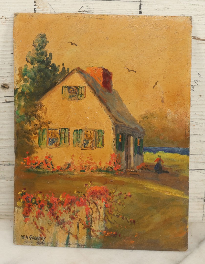 Lot 153 - Antique Unframed Painting On Board Of A Small House And Garden, With Birds In The Sky, Woman In The Yard, Artist Signed W.H. Godfrey