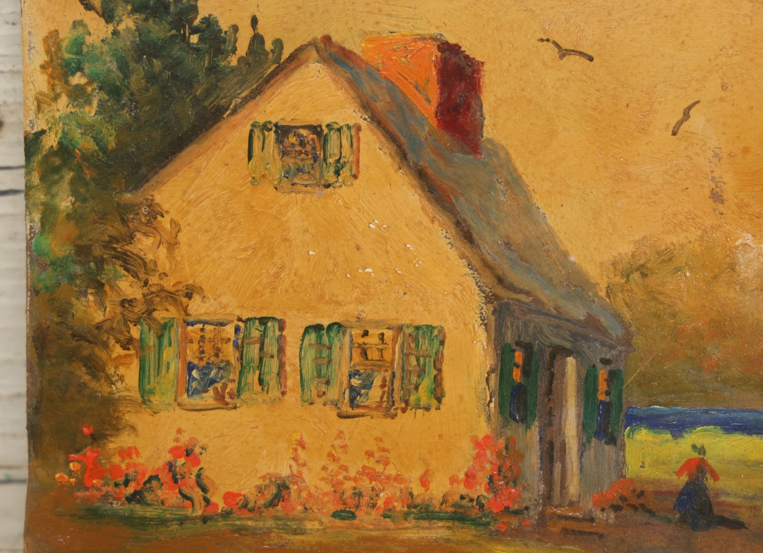 Lot 153 - Antique Unframed Painting On Board Of A Small House And Garden, With Birds In The Sky, Woman In The Yard, Artist Signed W.H. Godfrey