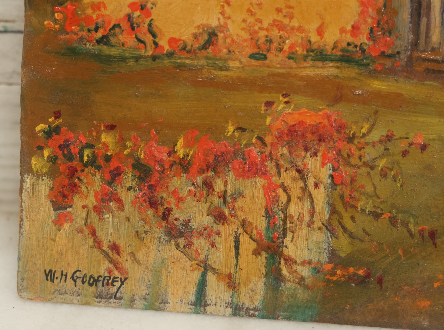 Lot 153 - Antique Unframed Painting On Board Of A Small House And Garden, With Birds In The Sky, Woman In The Yard, Artist Signed W.H. Godfrey