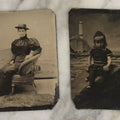 Lot 154 - Pair Of Antique Tintype Photographs Of People Posing In Front Of Beach Themed Backdrop, Woman And Child