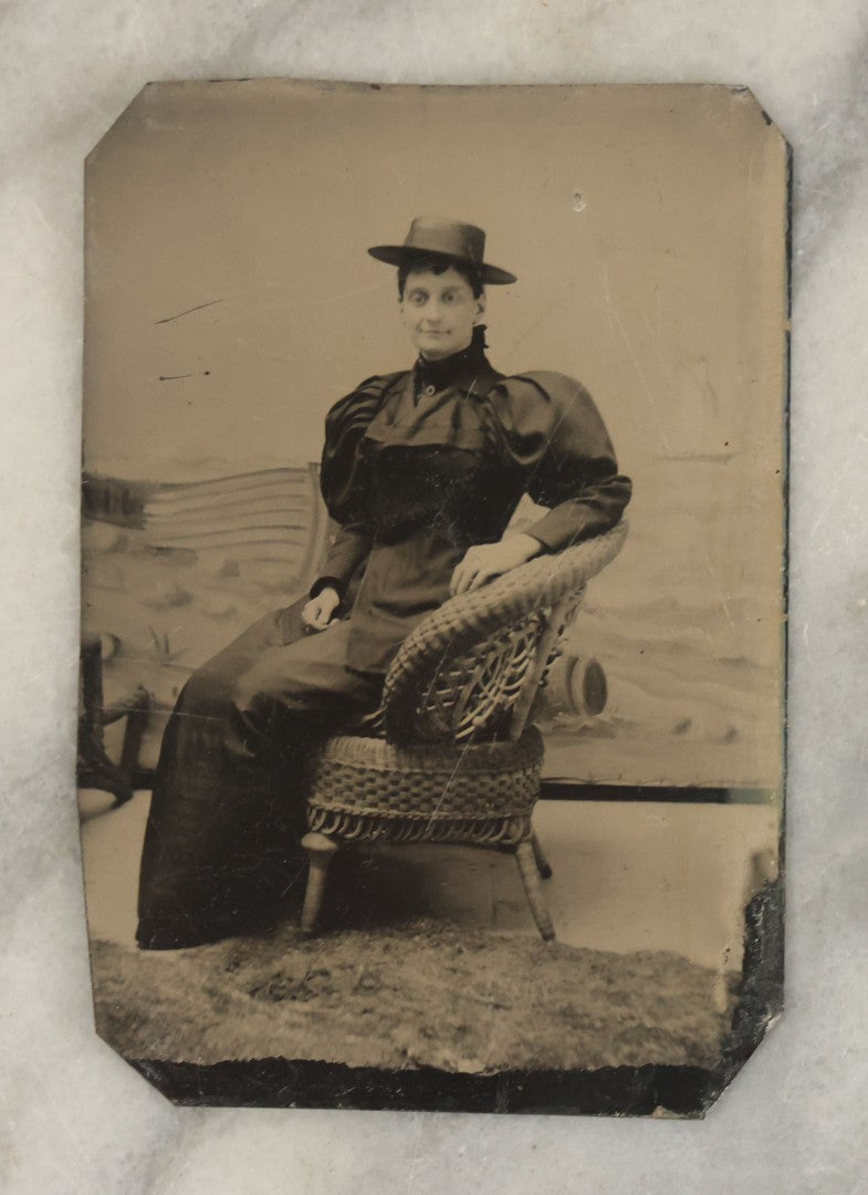 Lot 154 - Pair Of Antique Tintype Photographs Of People Posing In Front Of Beach Themed Backdrop, Woman And Child