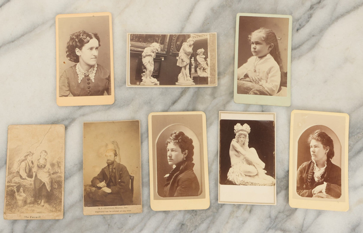 Lot 155 - Grouping Of Eight Antique Carte De Visite C.D.V Photographs And Illustrated Filler Cards Including Fine Art Statues, Others