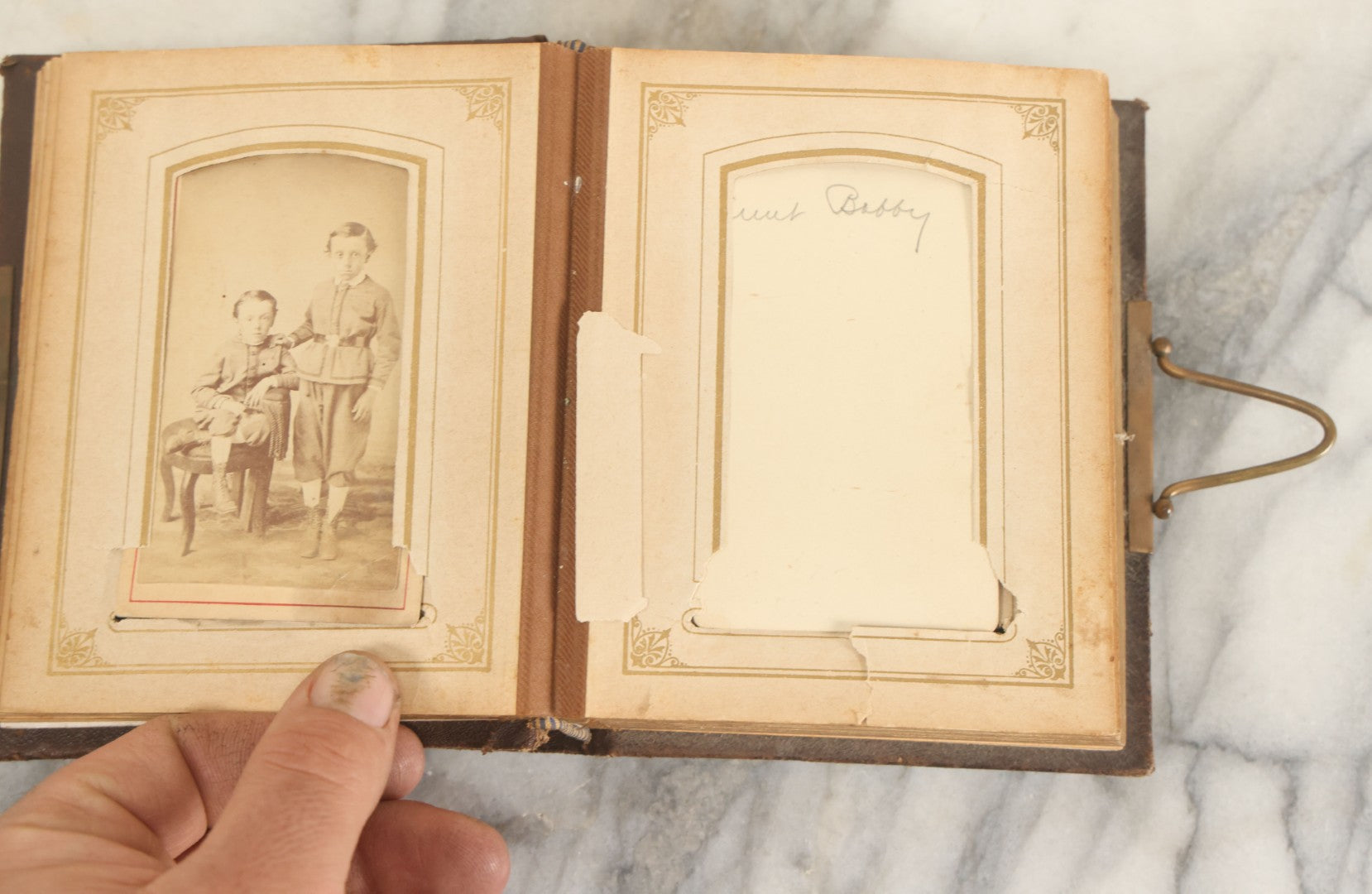 Lot 159 - Antique Victorian Photo Album With 25 Carte De Visite C.D.V. Photographs Including Young Girl On First Communion, Man In Top Hat, Note Spine Covering Loose