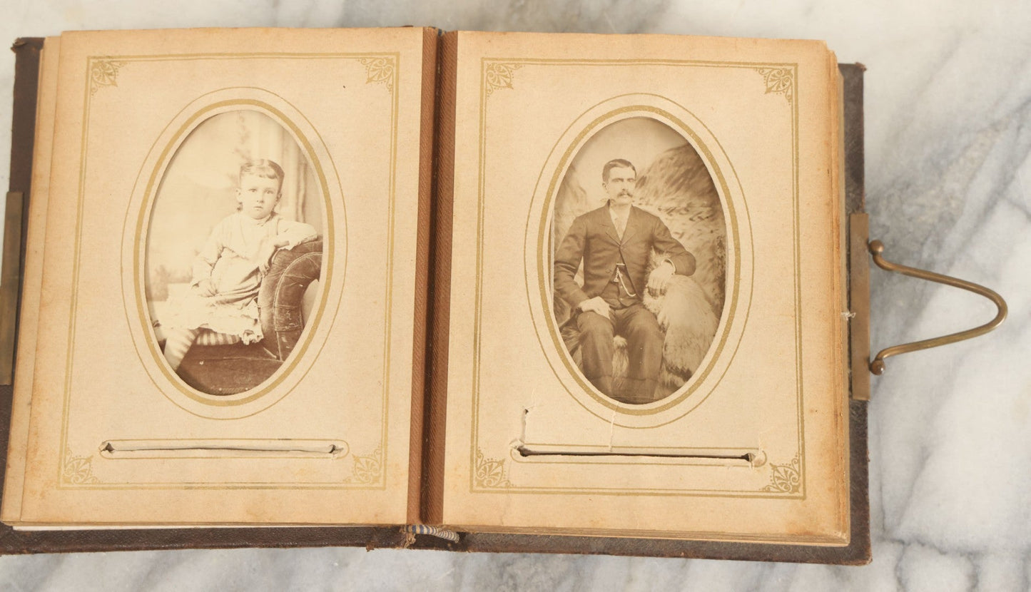 Lot 159 - Antique Victorian Photo Album With 25 Carte De Visite C.D.V. Photographs Including Young Girl On First Communion, Man In Top Hat, Note Spine Covering Loose