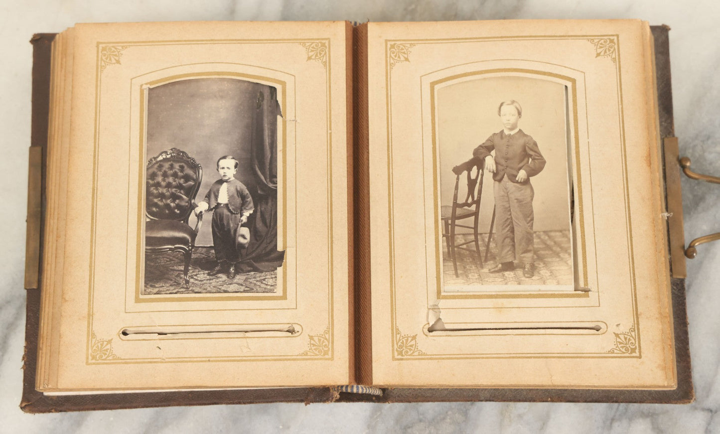 Lot 159 - Antique Victorian Photo Album With 25 Carte De Visite C.D.V. Photographs Including Young Girl On First Communion, Man In Top Hat, Note Spine Covering Loose