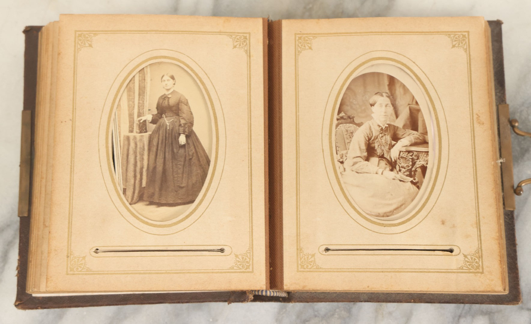 Lot 159 - Antique Victorian Photo Album With 25 Carte De Visite C.D.V. Photographs Including Young Girl On First Communion, Man In Top Hat, Note Spine Covering Loose