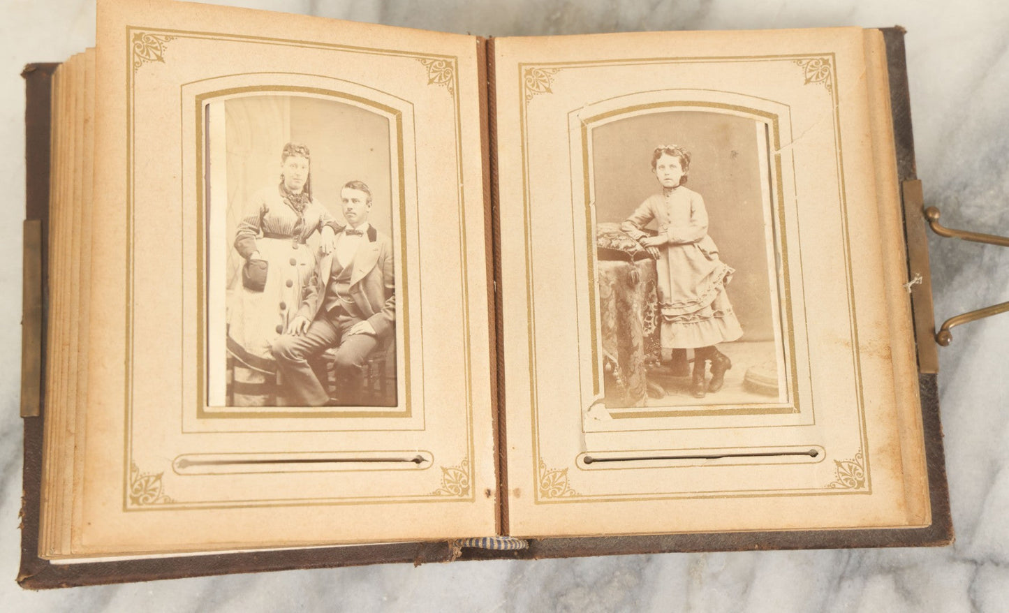 Lot 159 - Antique Victorian Photo Album With 25 Carte De Visite C.D.V. Photographs Including Young Girl On First Communion, Man In Top Hat, Note Spine Covering Loose