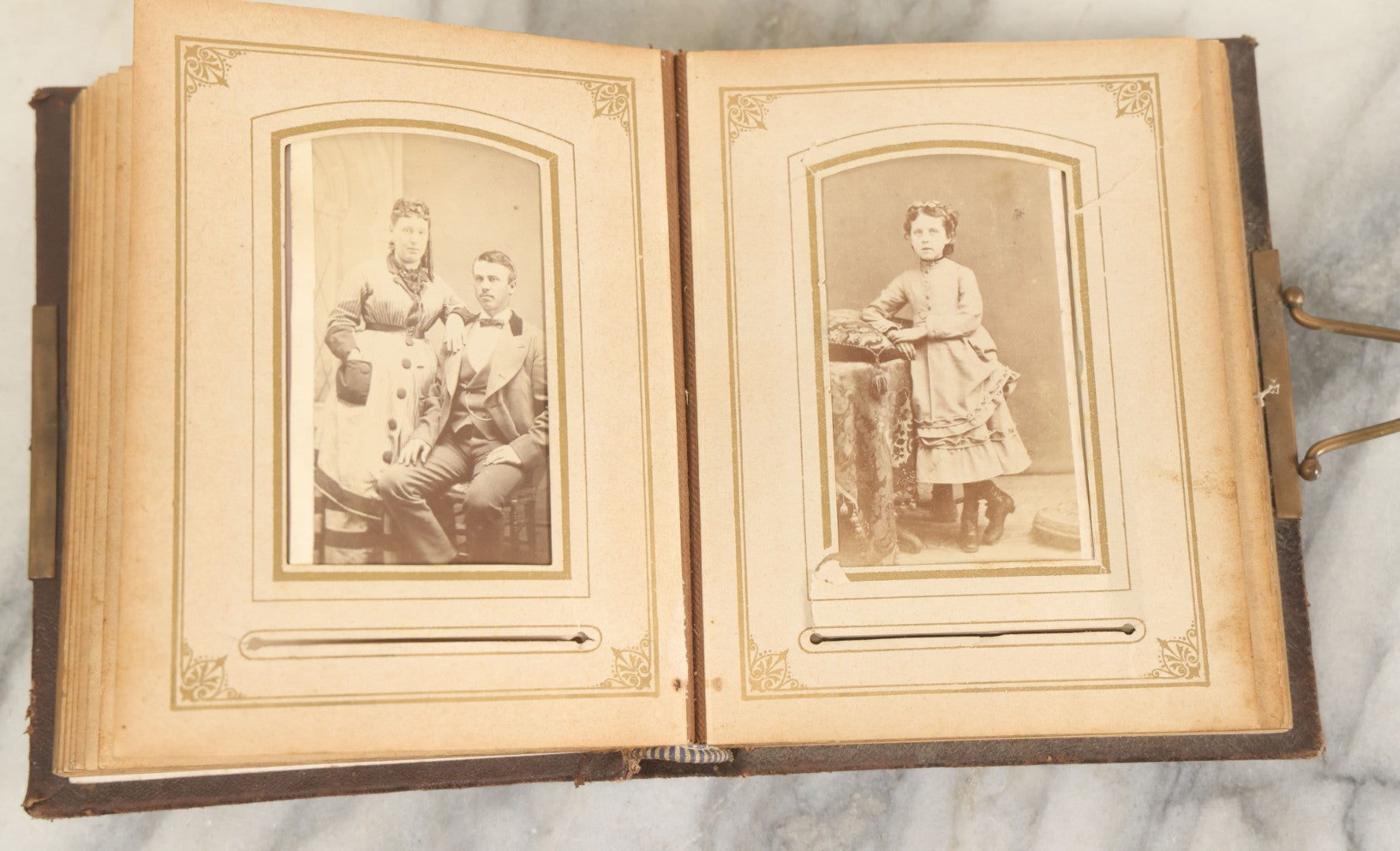 Lot 159 - Antique Victorian Photo Album With 25 Carte De Visite C.D.V. Photographs Including Young Girl On First Communion, Man In Top Hat, Note Spine Covering Loose