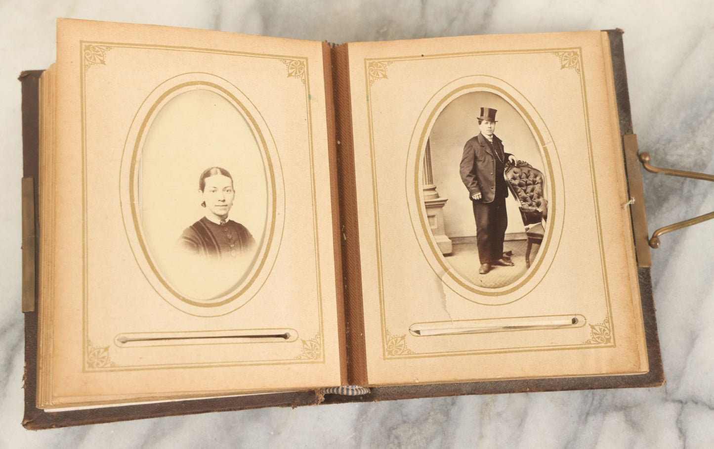 Lot 159 - Antique Victorian Photo Album With 25 Carte De Visite C.D.V. Photographs Including Young Girl On First Communion, Man In Top Hat, Note Spine Covering Loose