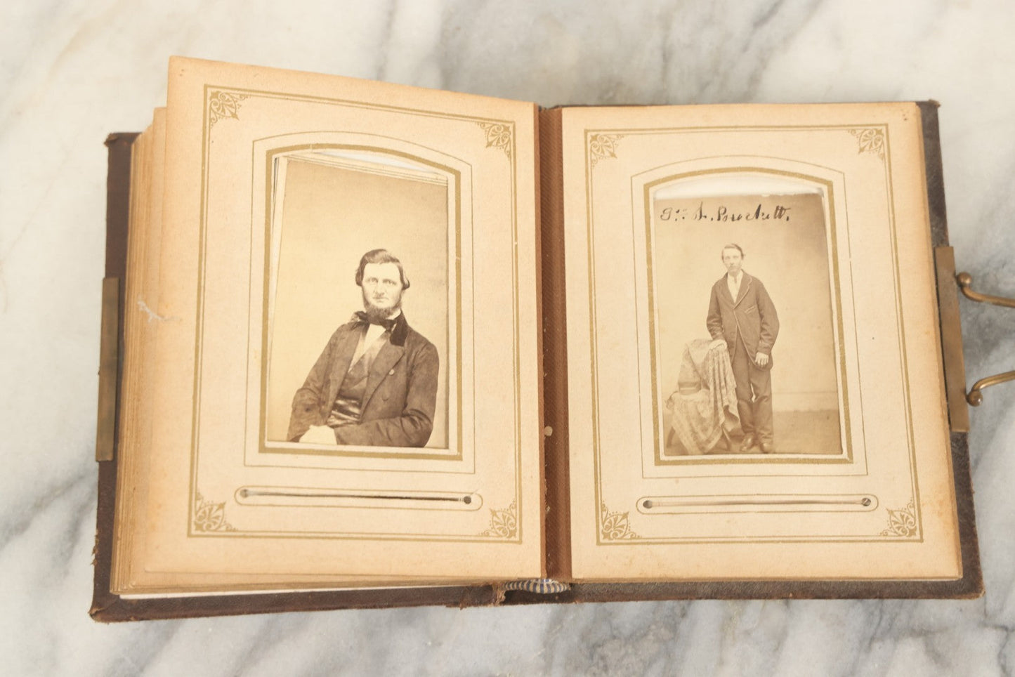 Lot 159 - Antique Victorian Photo Album With 25 Carte De Visite C.D.V. Photographs Including Young Girl On First Communion, Man In Top Hat, Note Spine Covering Loose