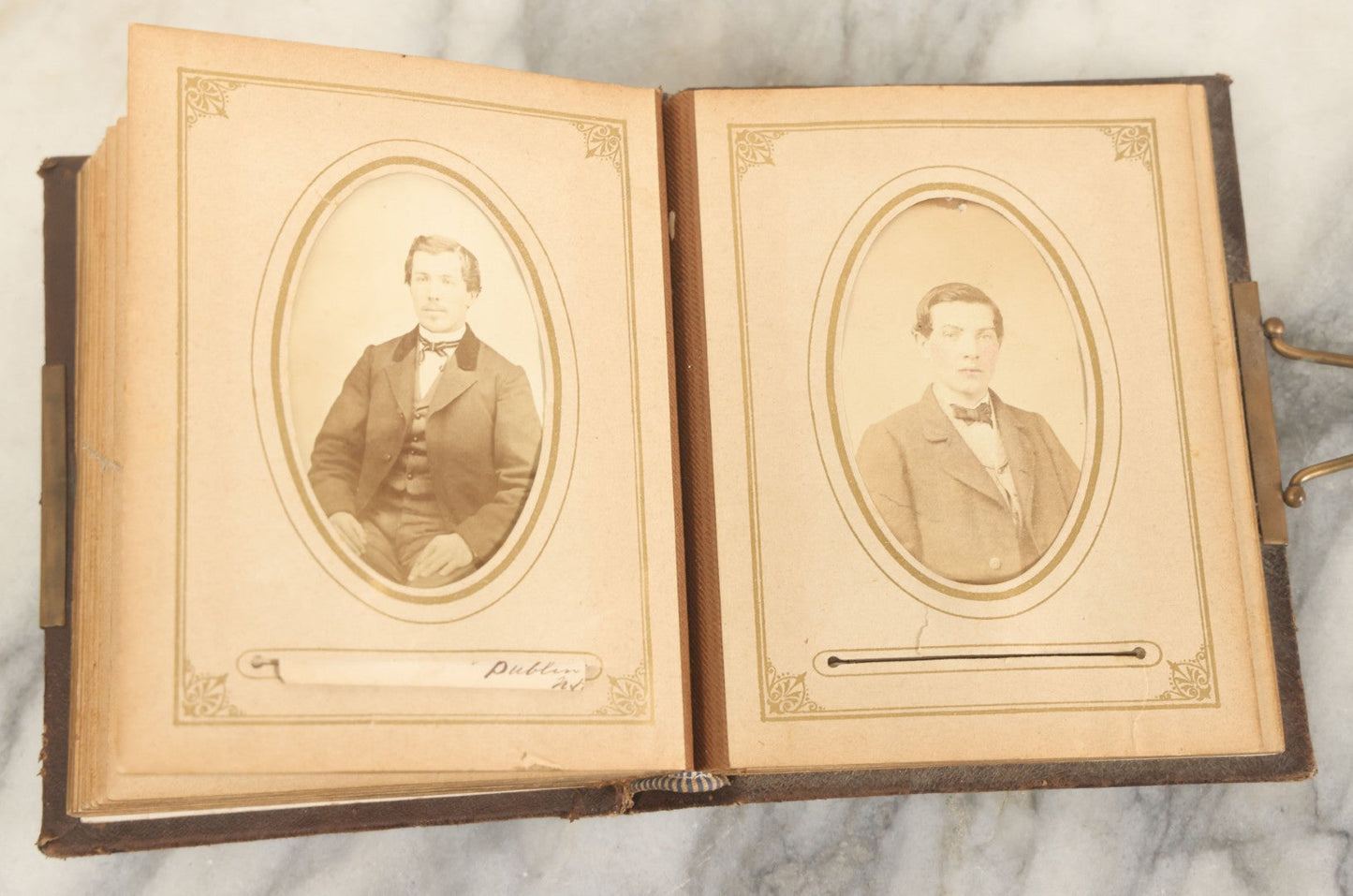 Lot 159 - Antique Victorian Photo Album With 25 Carte De Visite C.D.V. Photographs Including Young Girl On First Communion, Man In Top Hat, Note Spine Covering Loose