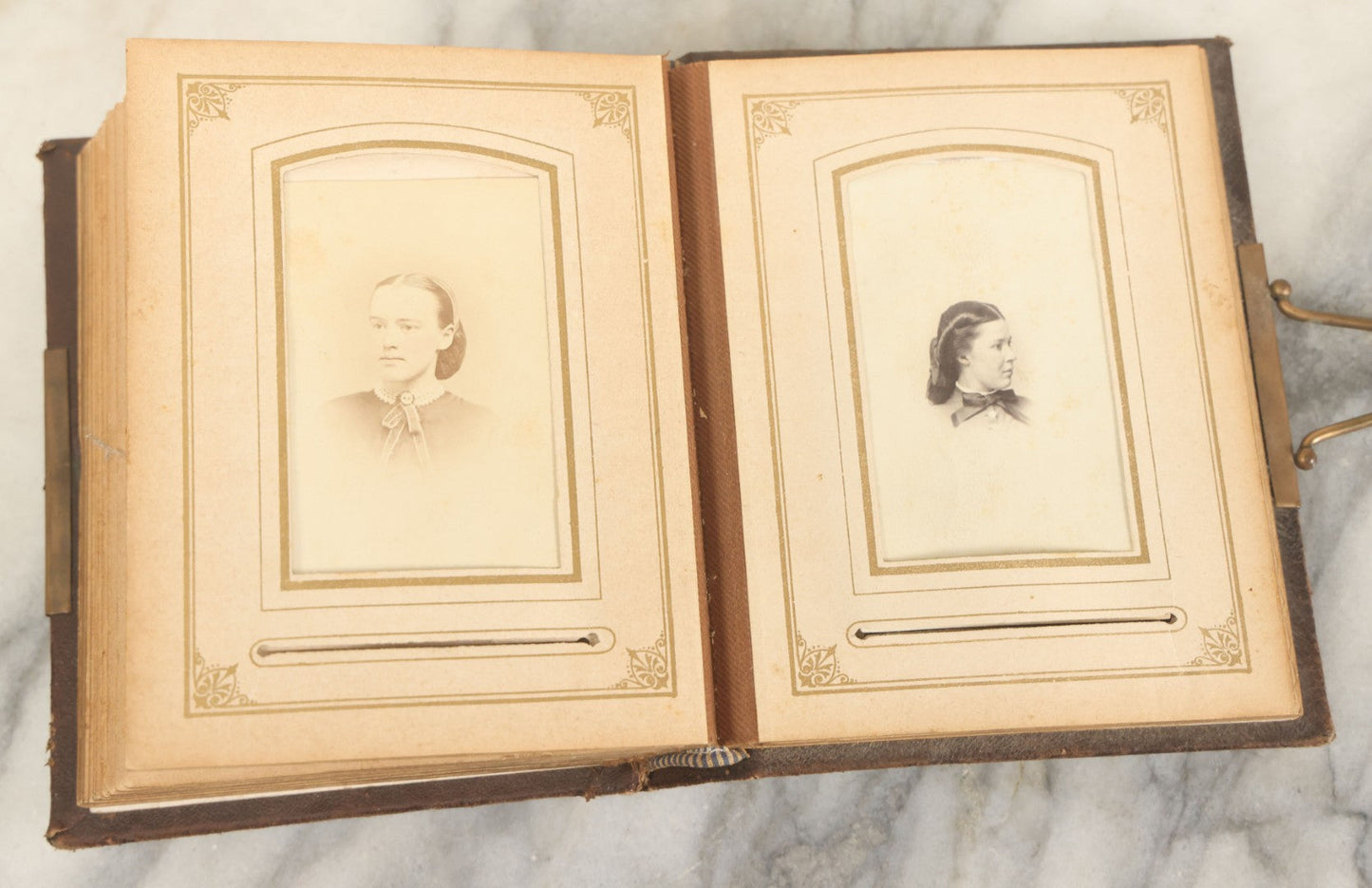Lot 159 - Antique Victorian Photo Album With 25 Carte De Visite C.D.V. Photographs Including Young Girl On First Communion, Man In Top Hat, Note Spine Covering Loose