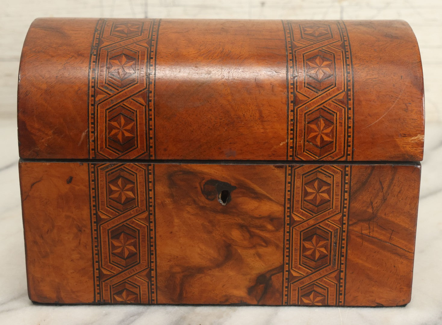 Lot 013 - Antique Wooden Tea Caddy With Intricate Star Inlaid Design, Lift Top Lid, Two Interior Lids