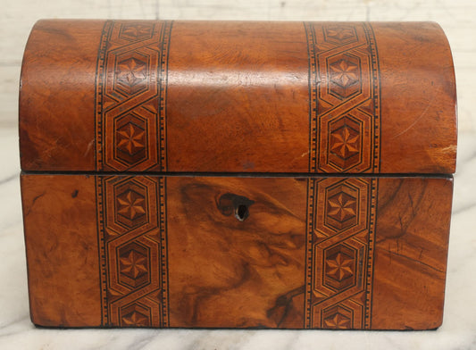 Lot 013 - Antique Wooden Tea Caddy With Intricate Star Inlaid Design, Lift Top Lid, Two Interior Lids