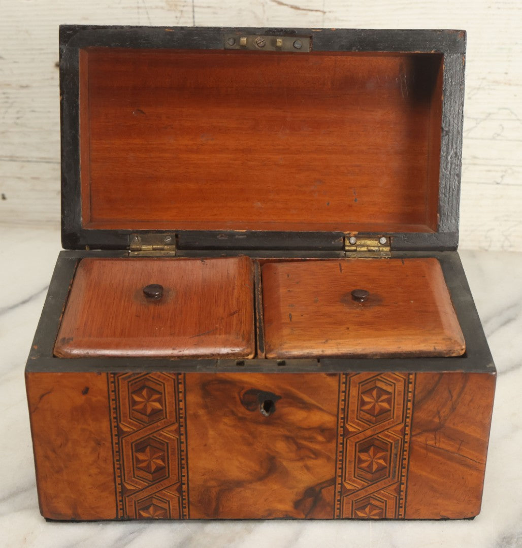Lot 013 - Antique Wooden Tea Caddy With Intricate Star Inlaid Design, Lift Top Lid, Two Interior Lids