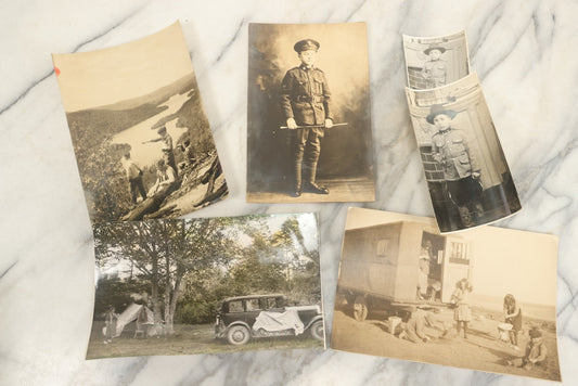 Lot 162 - Grouping Of 6 Snapshot And Other Photos Of Boy In Uniform, Camping Trip, People By Lake, People Behind Wagon