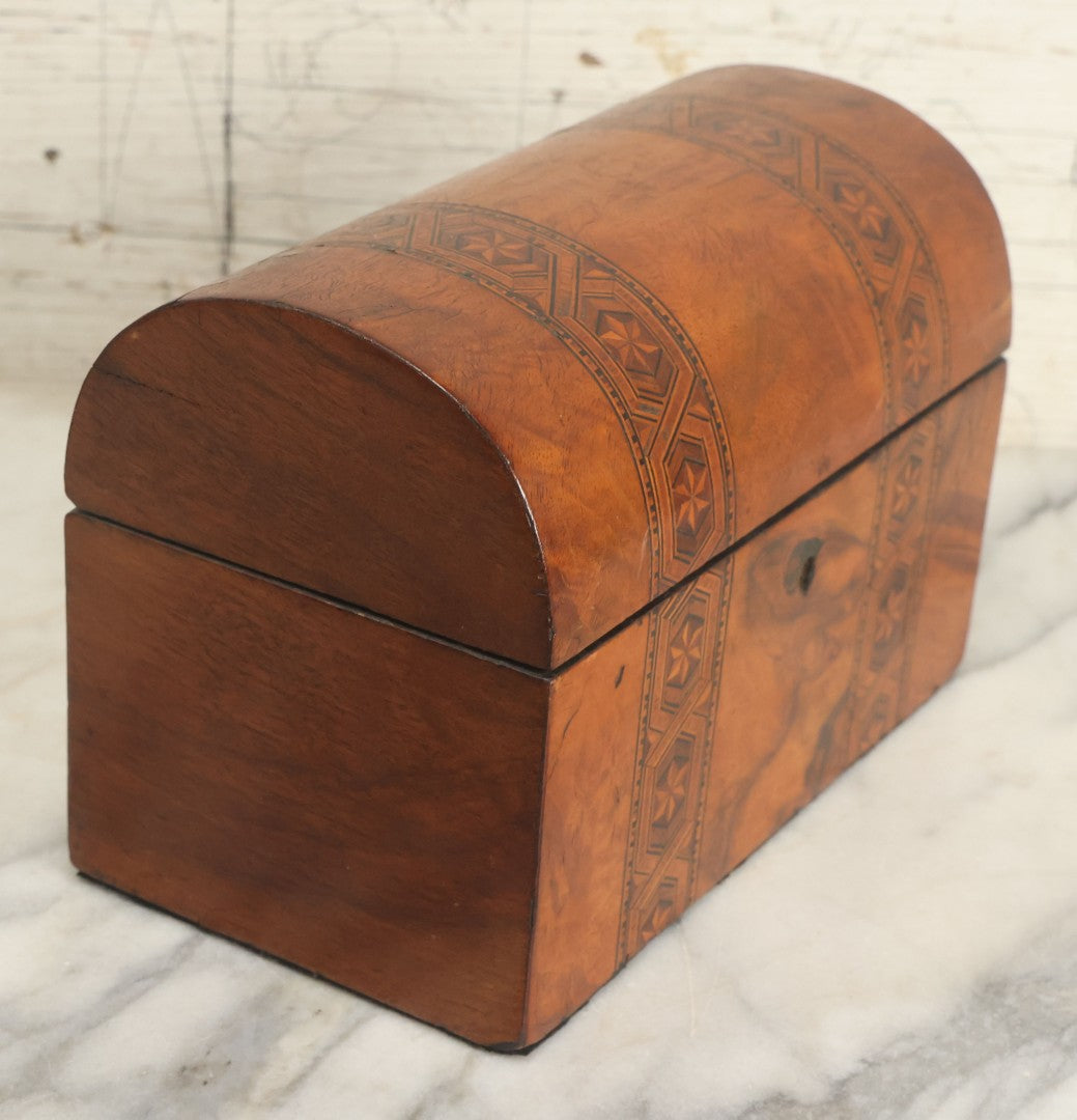 Lot 013 - Antique Wooden Tea Caddy With Intricate Star Inlaid Design, Lift Top Lid, Two Interior Lids