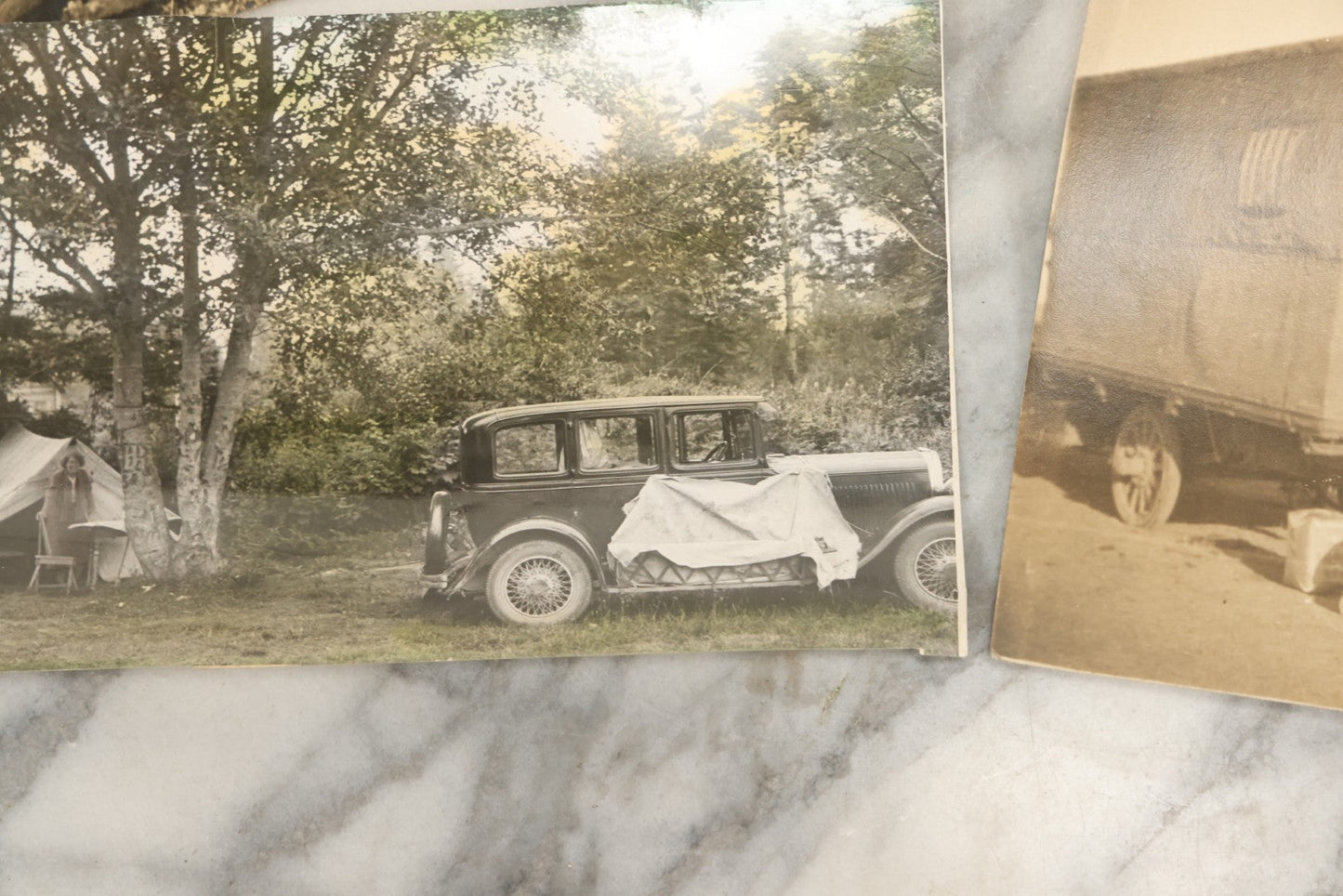 Lot 162 - Grouping Of 6 Snapshot And Other Photos Of Boy In Uniform, Camping Trip, People By Lake, People Behind Wagon