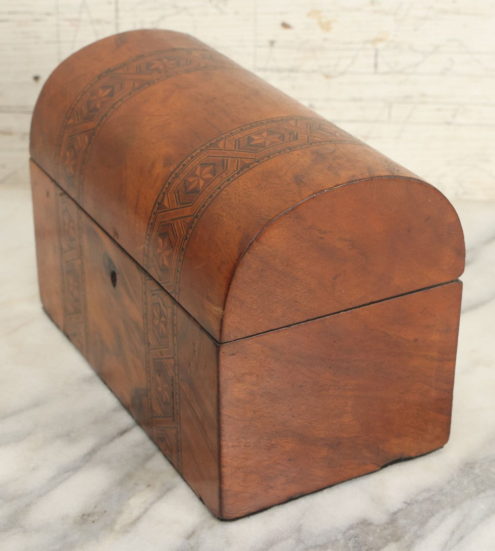 Lot 013 - Antique Wooden Tea Caddy With Intricate Star Inlaid Design, Lift Top Lid, Two Interior Lids