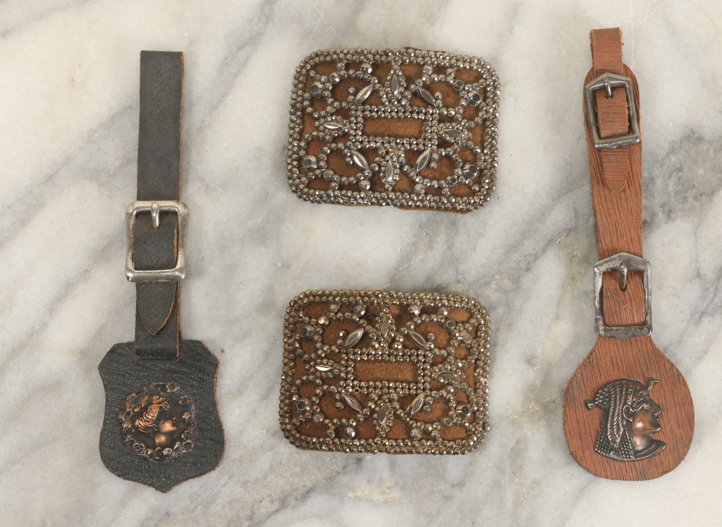 Lot 165 - Four Piece Vintage Grouping Including Two Watch Fobs And Two Blingy Rhinestone Buckles