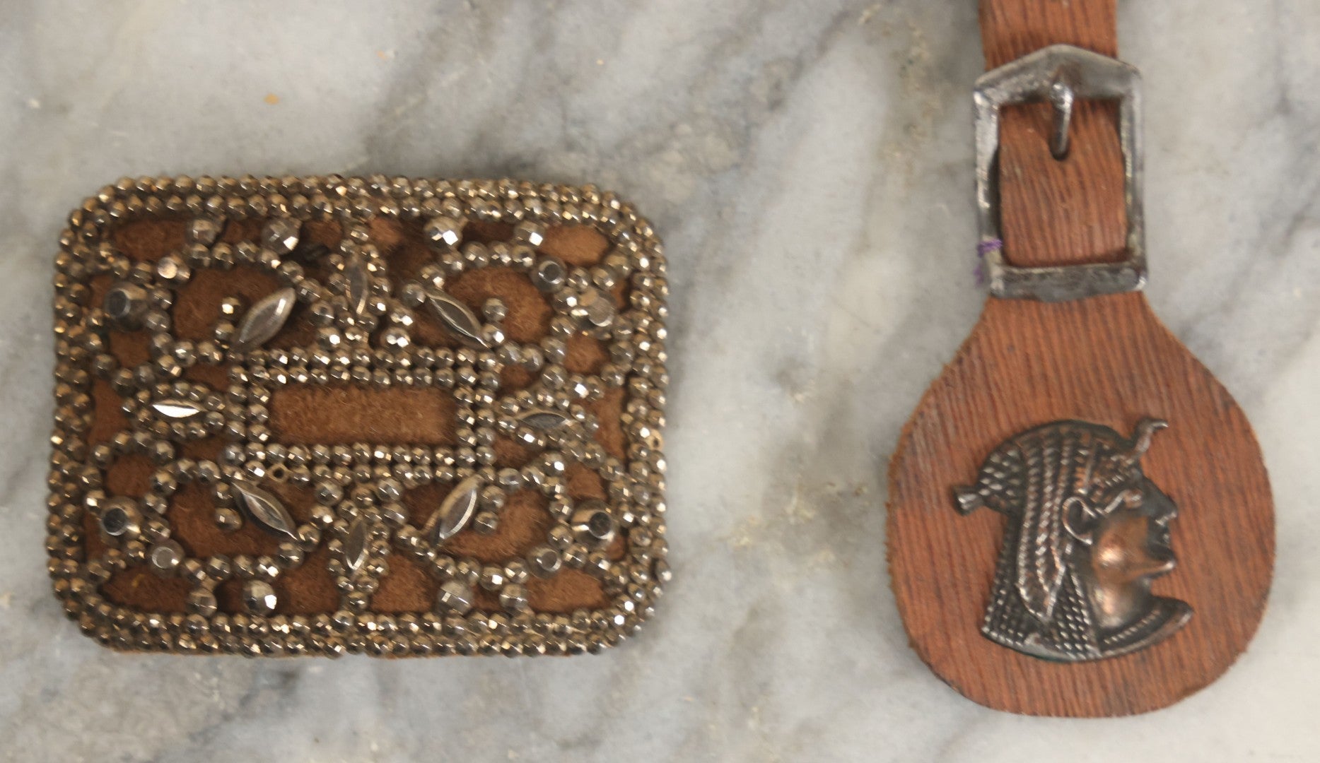 Lot 165 - Four Piece Vintage Grouping Including Two Watch Fobs And Two Blingy Rhinestone Buckles