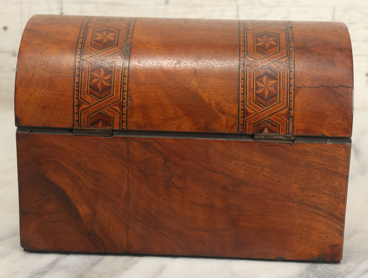 Lot 013 - Antique Wooden Tea Caddy With Intricate Star Inlaid Design, Lift Top Lid, Two Interior Lids