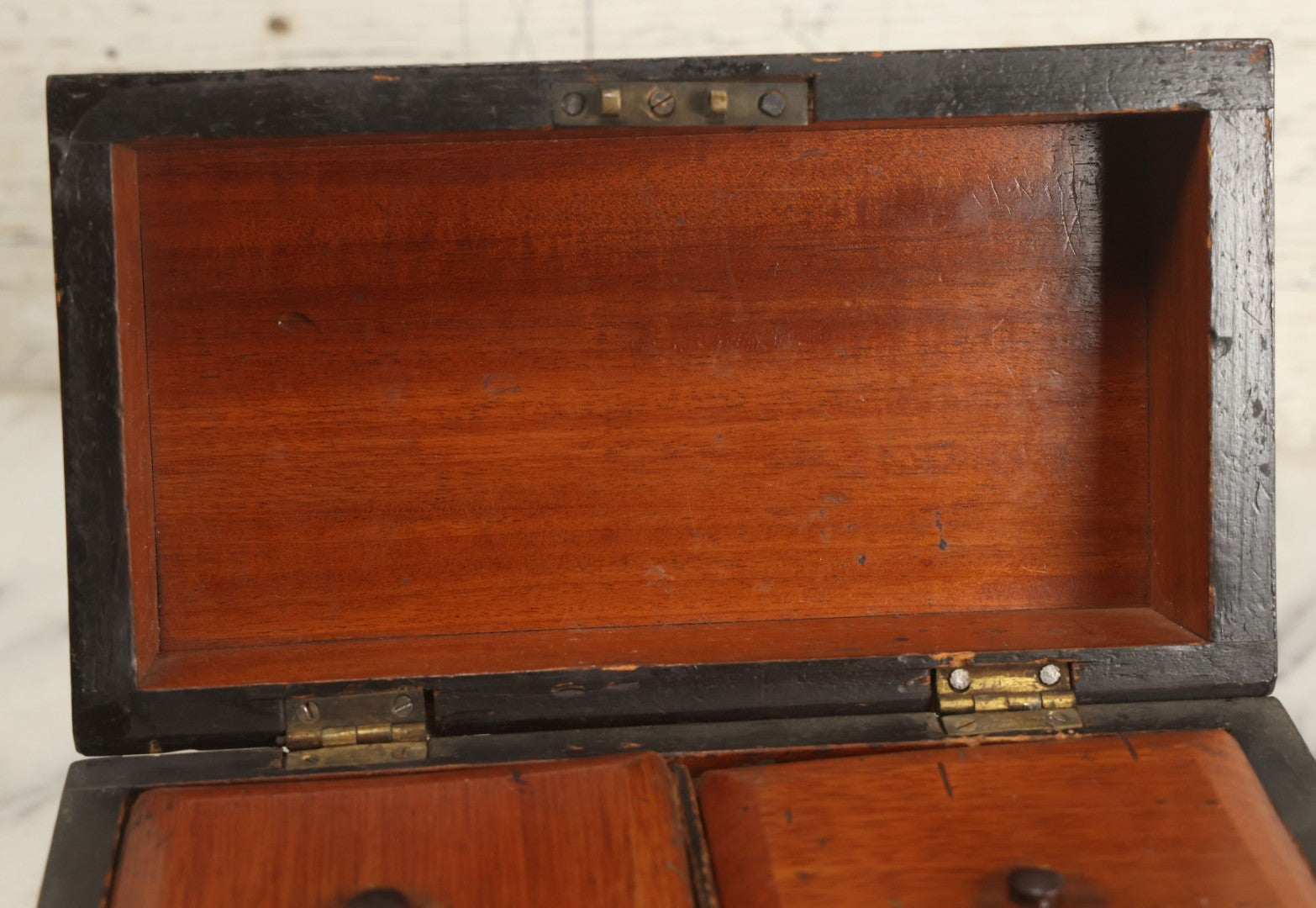 Lot 013 - Antique Wooden Tea Caddy With Intricate Star Inlaid Design, Lift Top Lid, Two Interior Lids