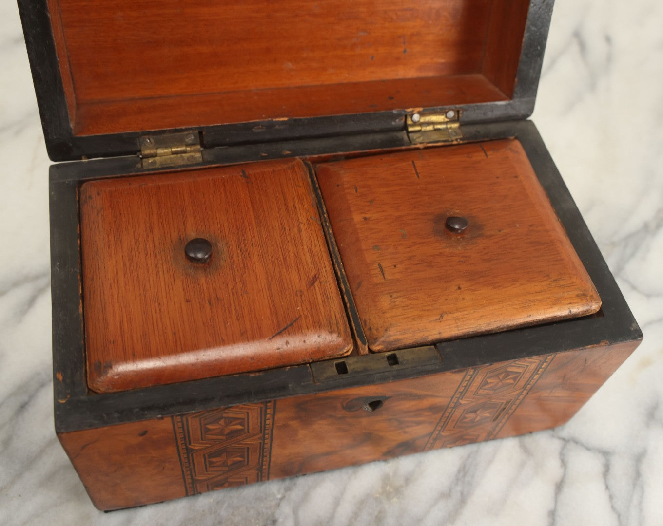 Lot 013 - Antique Wooden Tea Caddy With Intricate Star Inlaid Design, Lift Top Lid, Two Interior Lids
