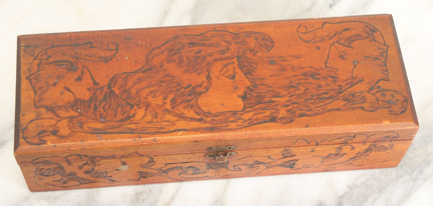 Lot 014 - Antique Pyrography Flemish Art Gibson Girl Style Lift Top Neck Tie Box, Given As A Gift To Mr. Fred Horn From Lenora, Signed On Bottom