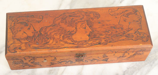 Lot 014 - Antique Pyrography Flemish Art Gibson Girl Style Lift Top Neck Tie Box, Given As A Gift To Mr. Fred Horn From Lenora, Signed On Bottom
