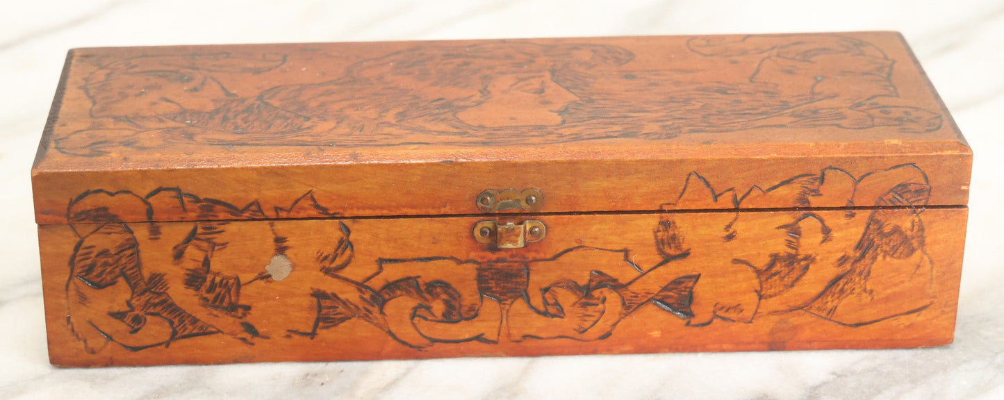 Lot 014 - Antique Pyrography Flemish Art Gibson Girl Style Lift Top Neck Tie Box, Given As A Gift To Mr. Fred Horn From Lenora, Signed On Bottom