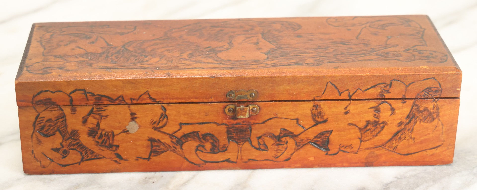 Lot 014 - Antique Pyrography Flemish Art Gibson Girl Style Lift Top Neck Tie Box, Given As A Gift To Mr. Fred Horn From Lenora, Signed On Bottom