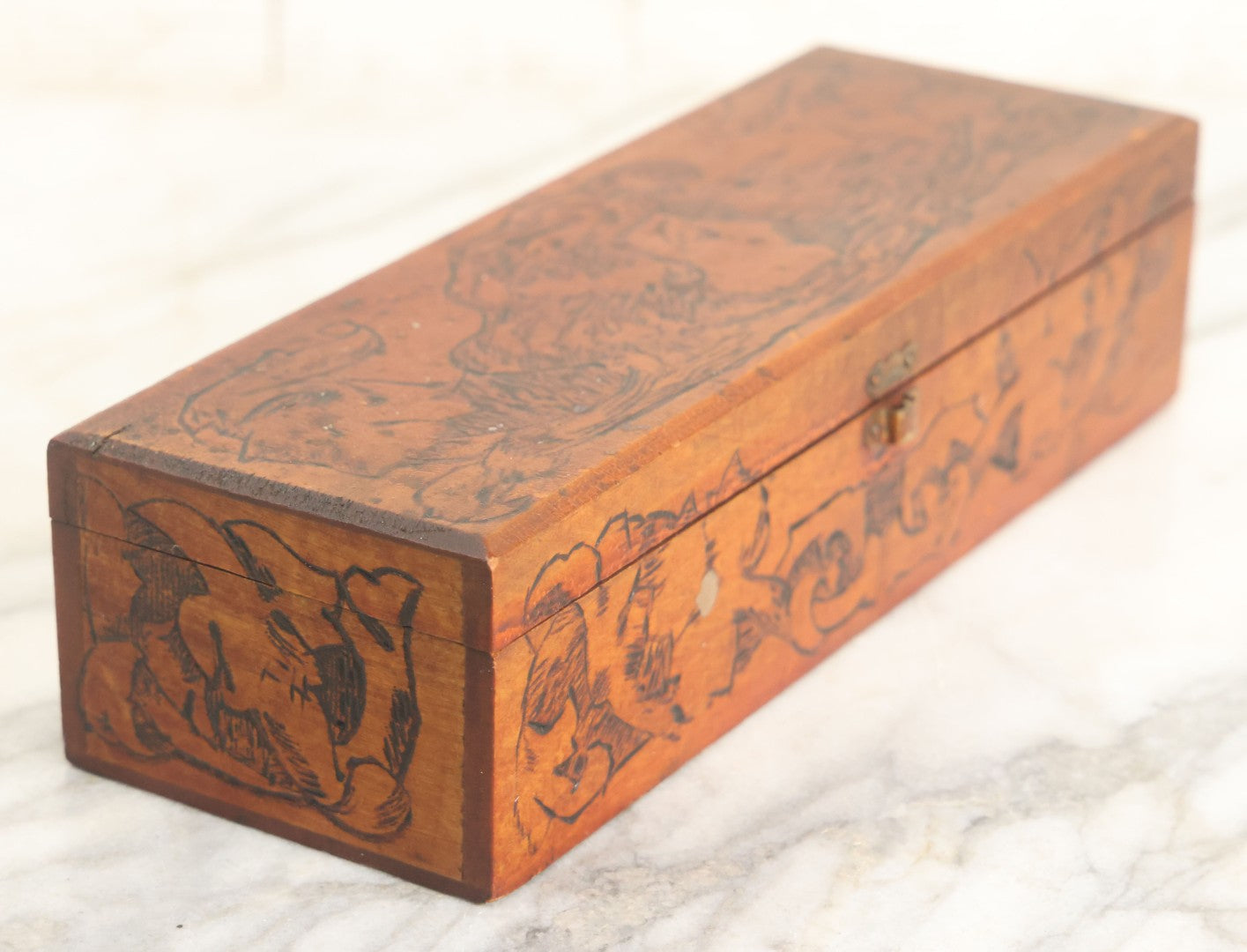 Lot 014 - Antique Pyrography Flemish Art Gibson Girl Style Lift Top Neck Tie Box, Given As A Gift To Mr. Fred Horn From Lenora, Signed On Bottom