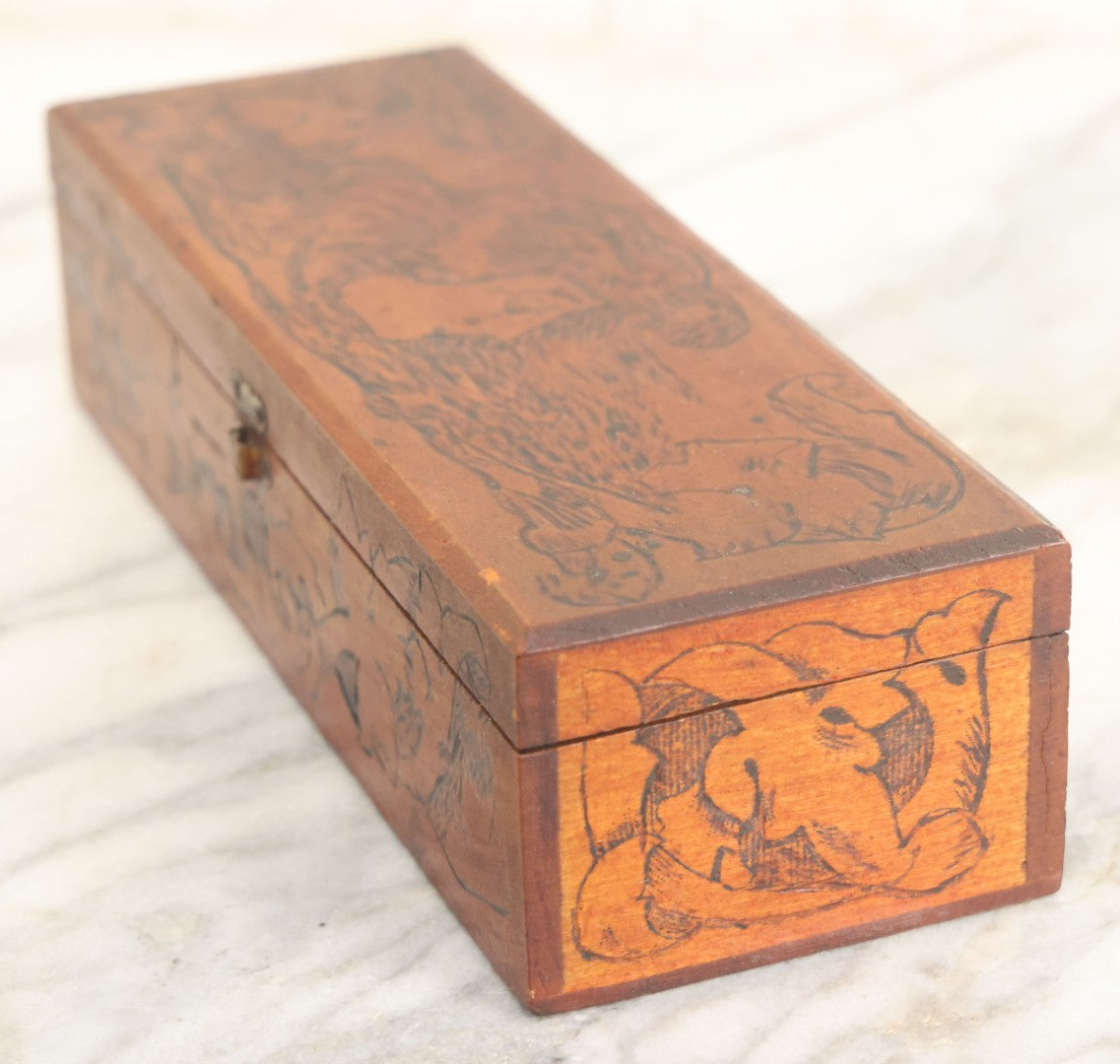 Lot 014 - Antique Pyrography Flemish Art Gibson Girl Style Lift Top Neck Tie Box, Given As A Gift To Mr. Fred Horn From Lenora, Signed On Bottom