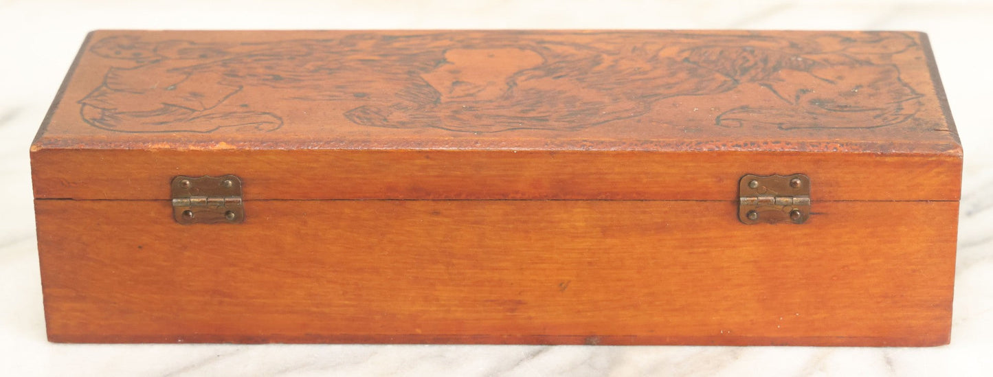 Lot 014 - Antique Pyrography Flemish Art Gibson Girl Style Lift Top Neck Tie Box, Given As A Gift To Mr. Fred Horn From Lenora, Signed On Bottom