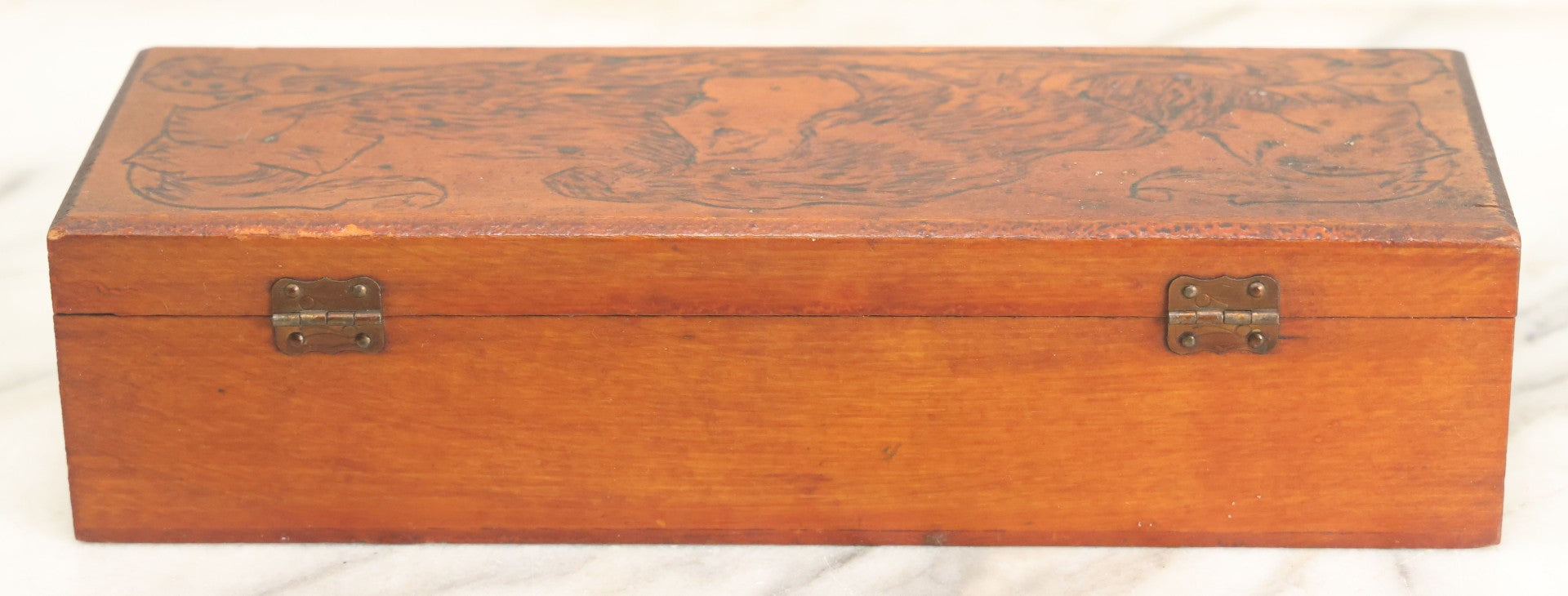 Lot 014 - Antique Pyrography Flemish Art Gibson Girl Style Lift Top Neck Tie Box, Given As A Gift To Mr. Fred Horn From Lenora, Signed On Bottom