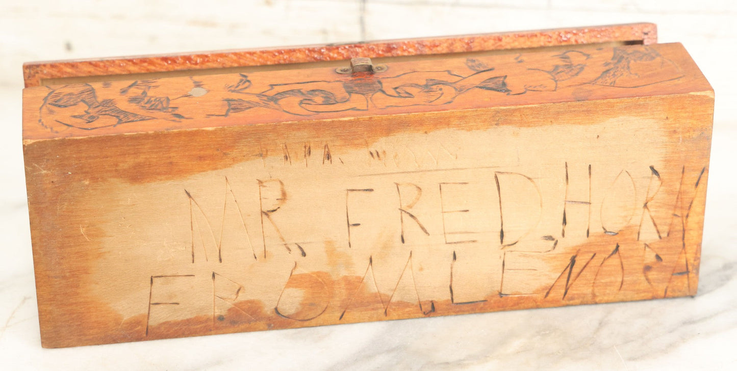 Lot 014 - Antique Pyrography Flemish Art Gibson Girl Style Lift Top Neck Tie Box, Given As A Gift To Mr. Fred Horn From Lenora, Signed On Bottom