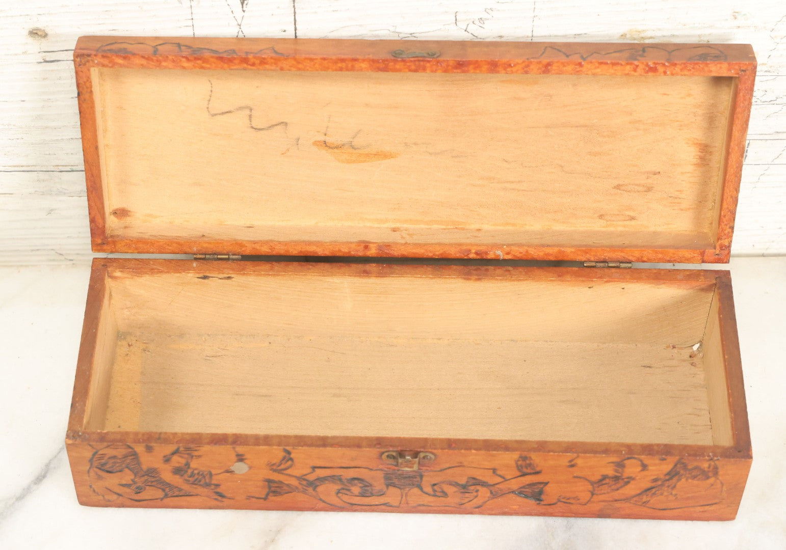 Lot 014 - Antique Pyrography Flemish Art Gibson Girl Style Lift Top Neck Tie Box, Given As A Gift To Mr. Fred Horn From Lenora, Signed On Bottom