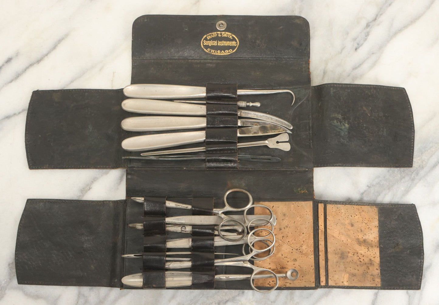 Lot 018 - Antique Sharp & Smith Surgical Instruments Kit In Fold Up Leather Case, 14 Pieces, As Found