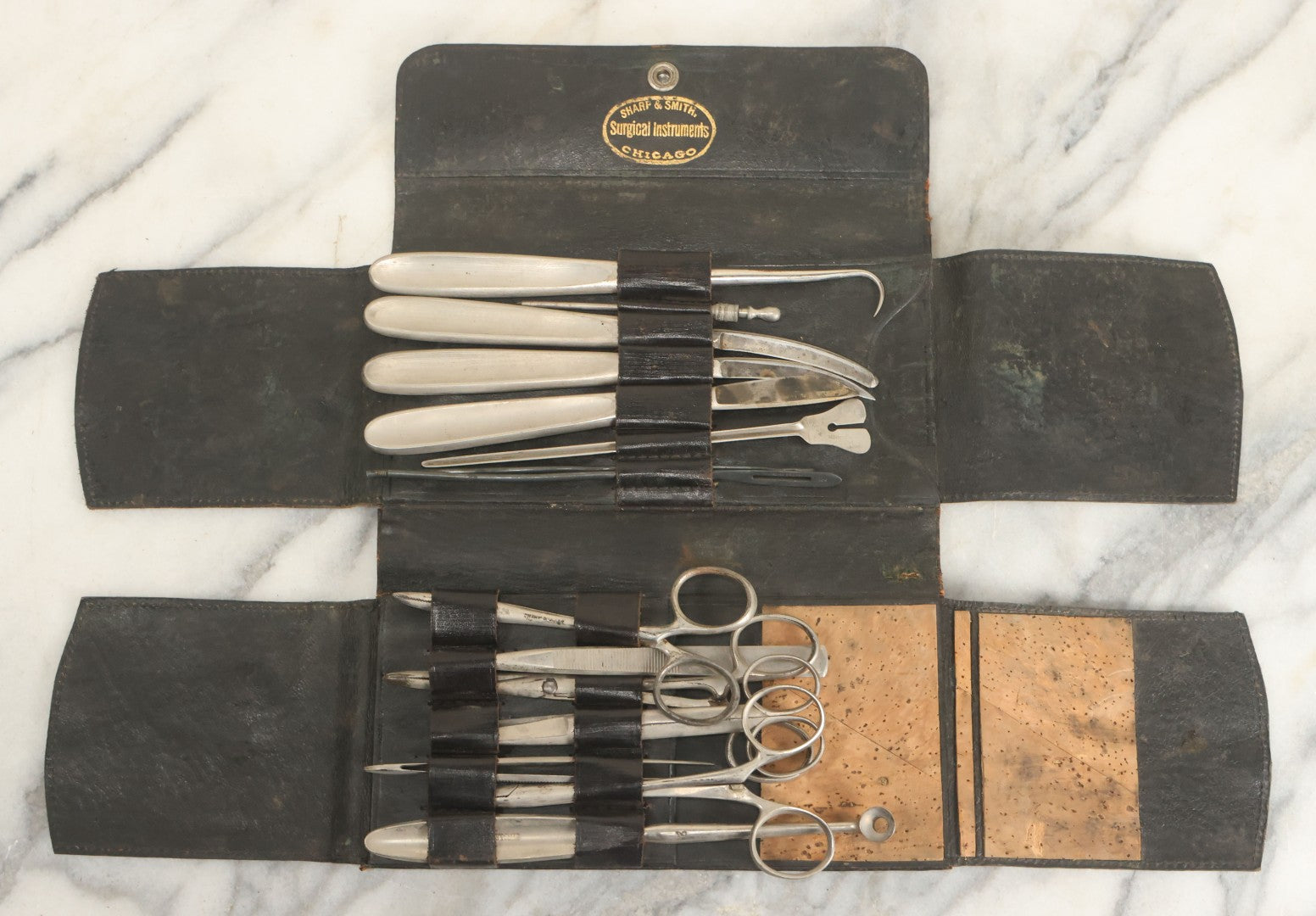 Lot 018 - Antique Sharp & Smith Surgical Instruments Kit In Fold Up Leather Case, 14 Pieces, As Found