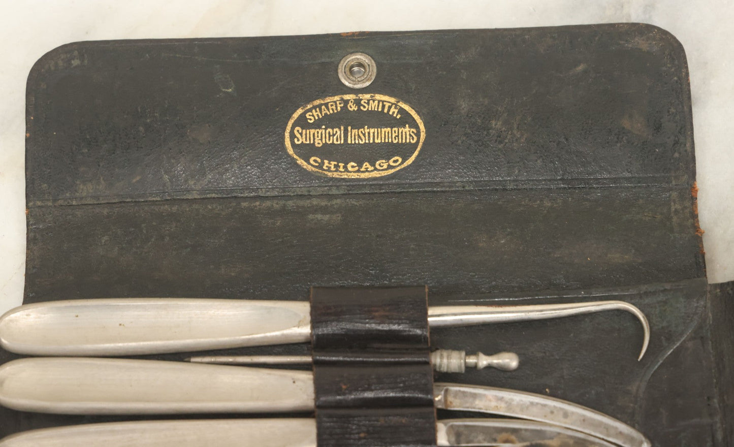 Lot 018 - Antique Sharp & Smith Surgical Instruments Kit In Fold Up Leather Case, 14 Pieces, As Found