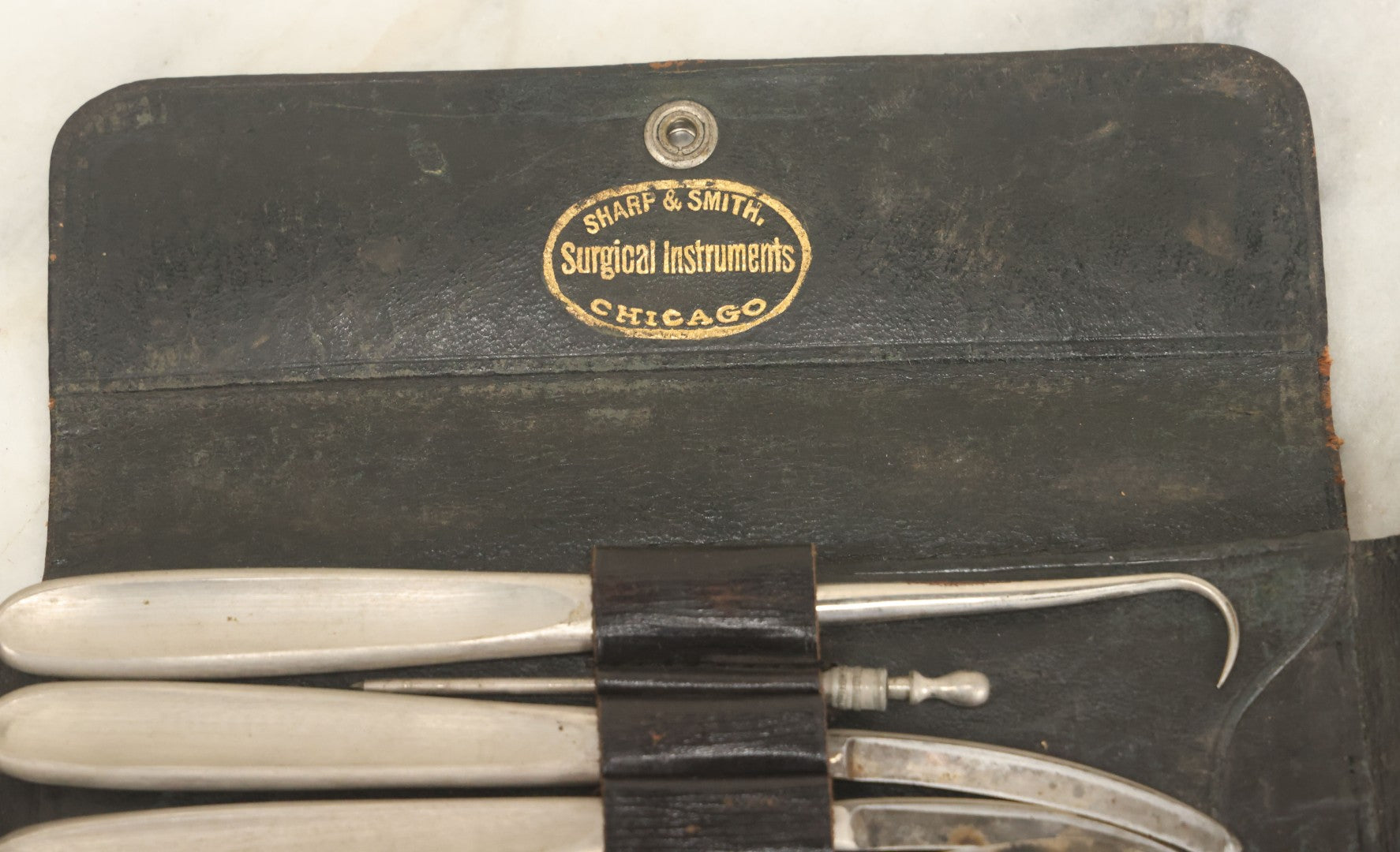 Lot 018 - Antique Sharp & Smith Surgical Instruments Kit In Fold Up Leather Case, 14 Pieces, As Found