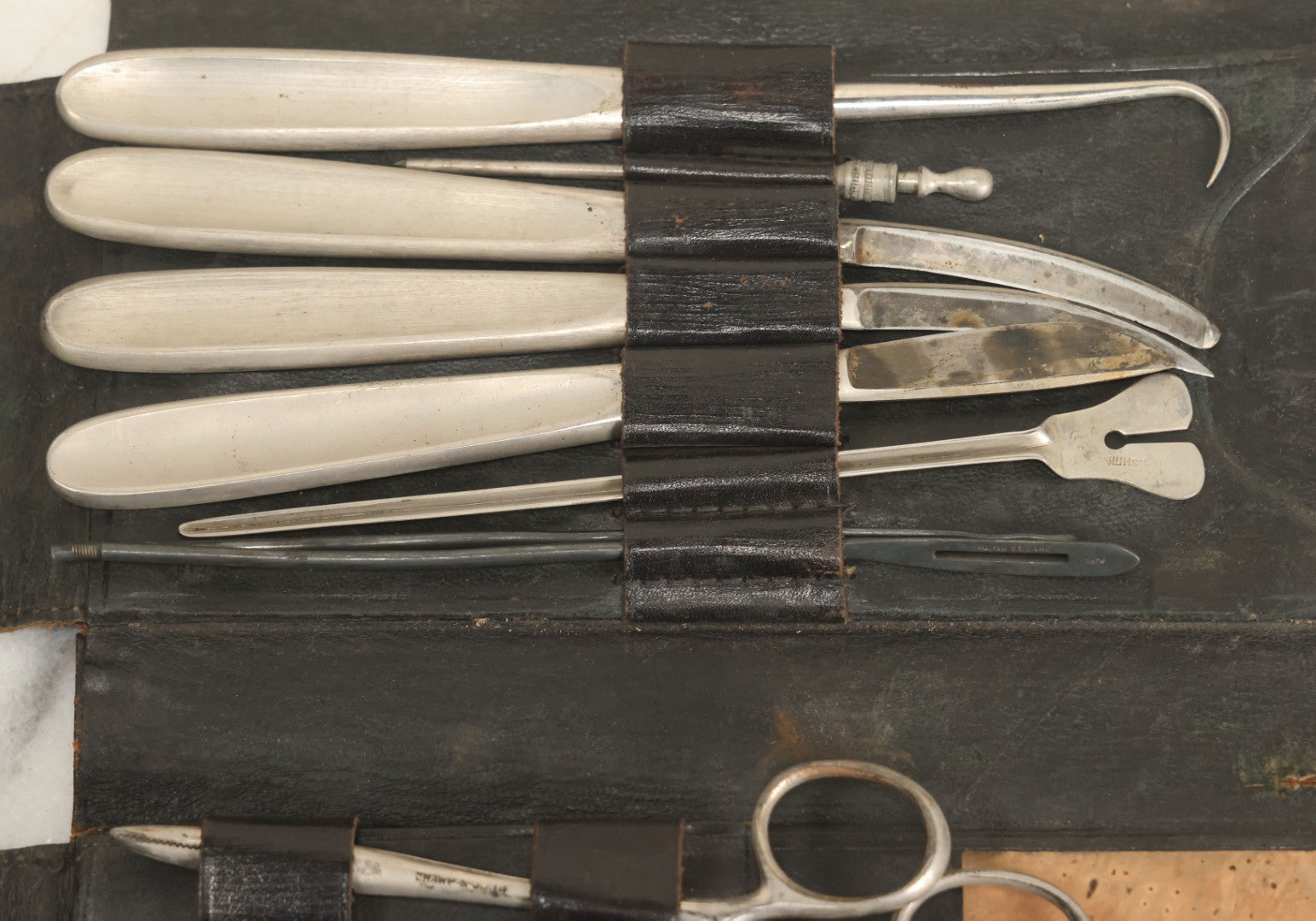 Lot 018 - Antique Sharp & Smith Surgical Instruments Kit In Fold Up Leather Case, 14 Pieces, As Found