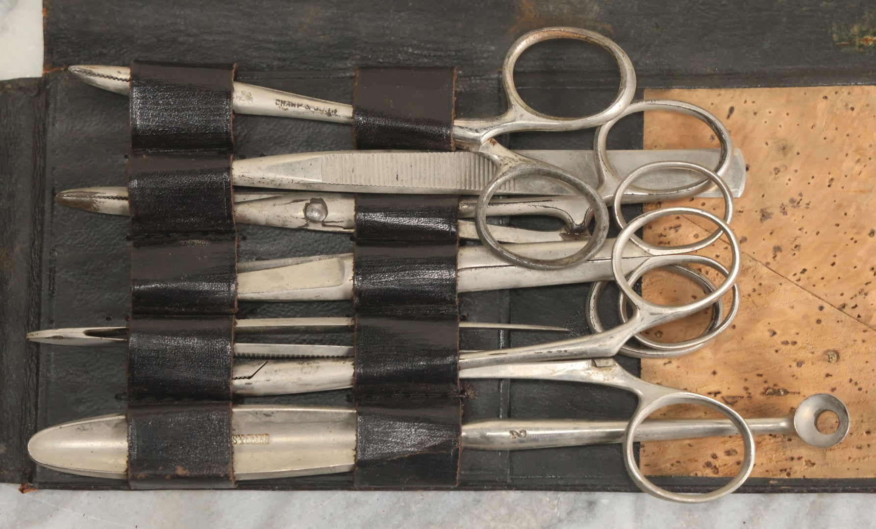 Lot 018 - Antique Sharp & Smith Surgical Instruments Kit In Fold Up Leather Case, 14 Pieces, As Found