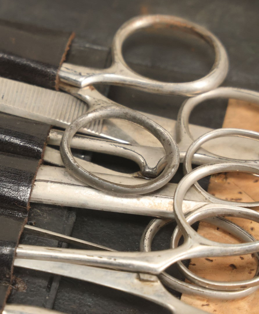 Lot 018 - Antique Sharp & Smith Surgical Instruments Kit In Fold Up Leather Case, 14 Pieces, As Found