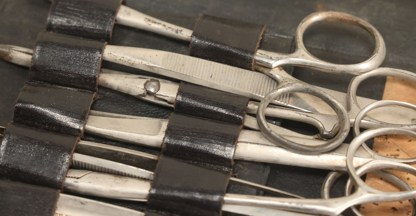 Lot 018 - Antique Sharp & Smith Surgical Instruments Kit In Fold Up Leather Case, 14 Pieces, As Found