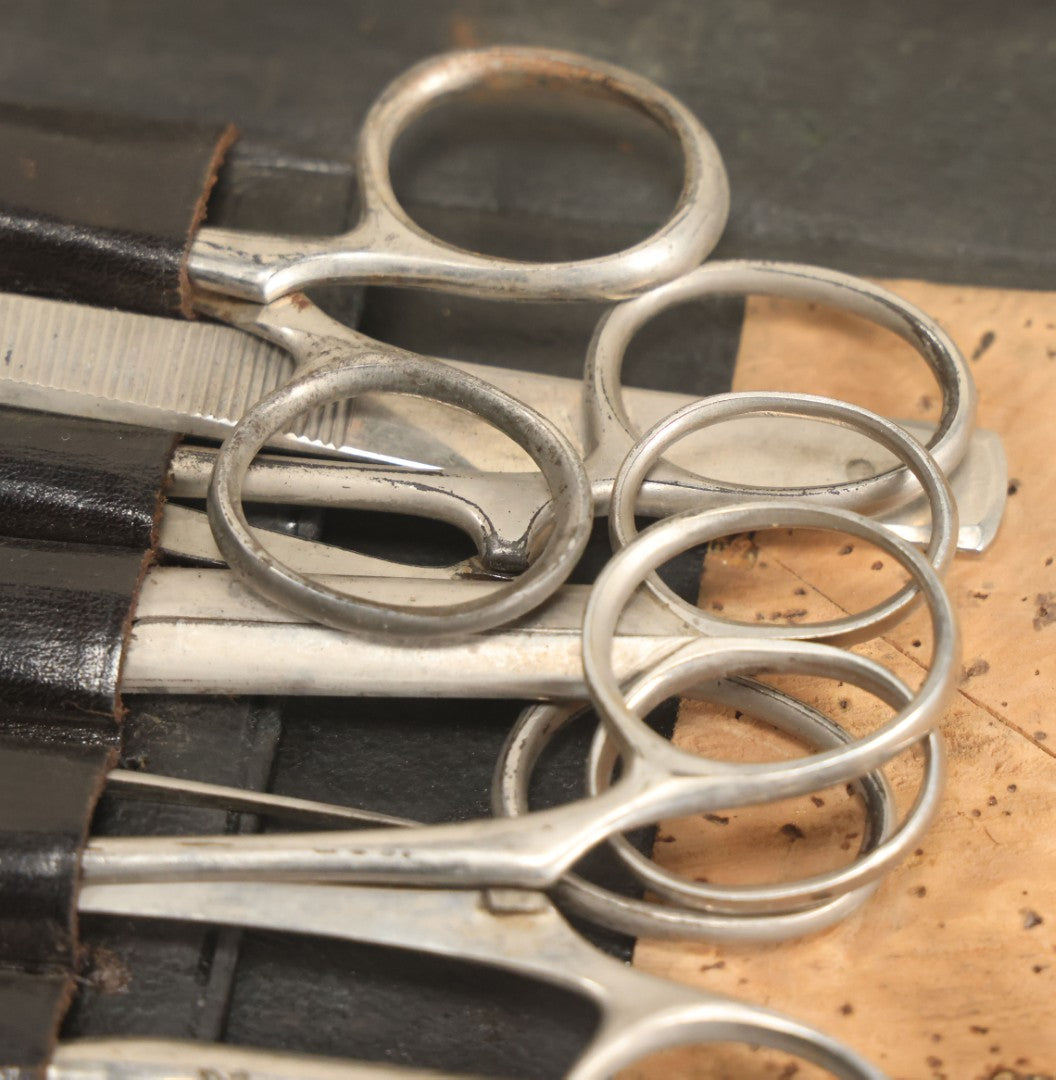 Lot 018 - Antique Sharp & Smith Surgical Instruments Kit In Fold Up Leather Case, 14 Pieces, As Found